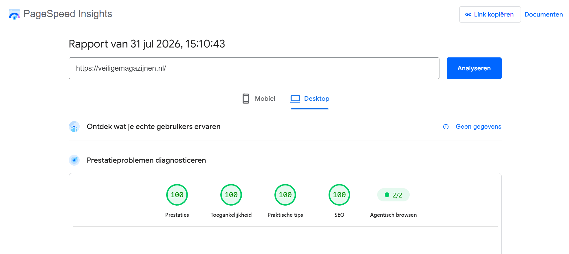 Google PageSpeed Insights-rapport met scores 100 voor Prestaties, Toegankelijkheid, Praktische tips en SEO