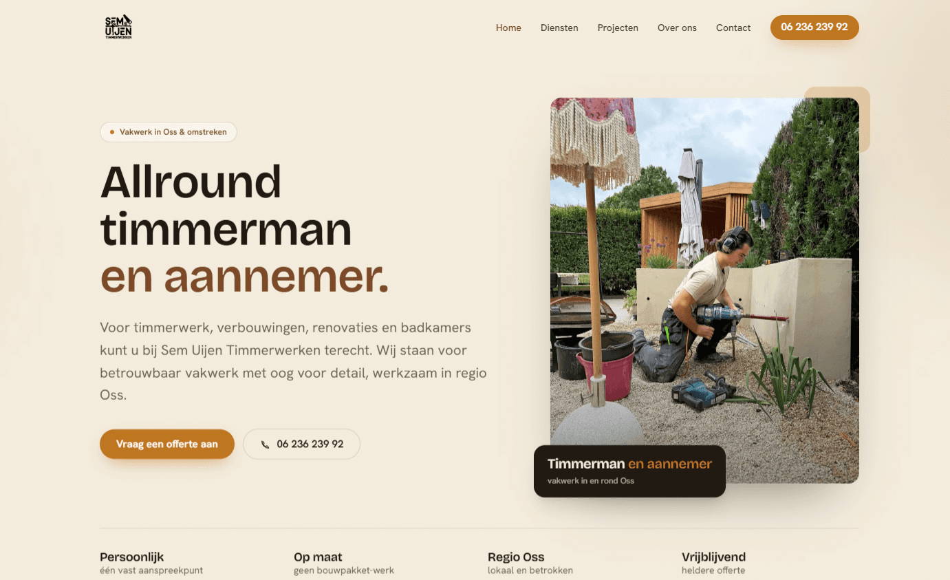 Nieuwe website van Sem Uijen Timmerwerken met de kop 'Allround timmerman en aannemer'